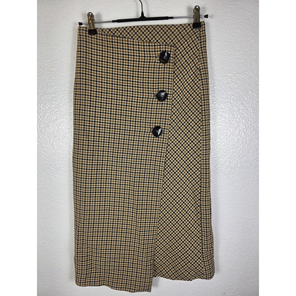 Zara Woman Brown Plaid Faux Wrap Midi Pencil Skirt Button Front XS